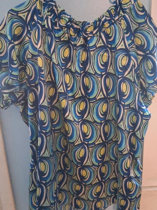 Harve Benard Tops - Harve Benard Blue, Yellow and Cream Geometric Peasant Blouse